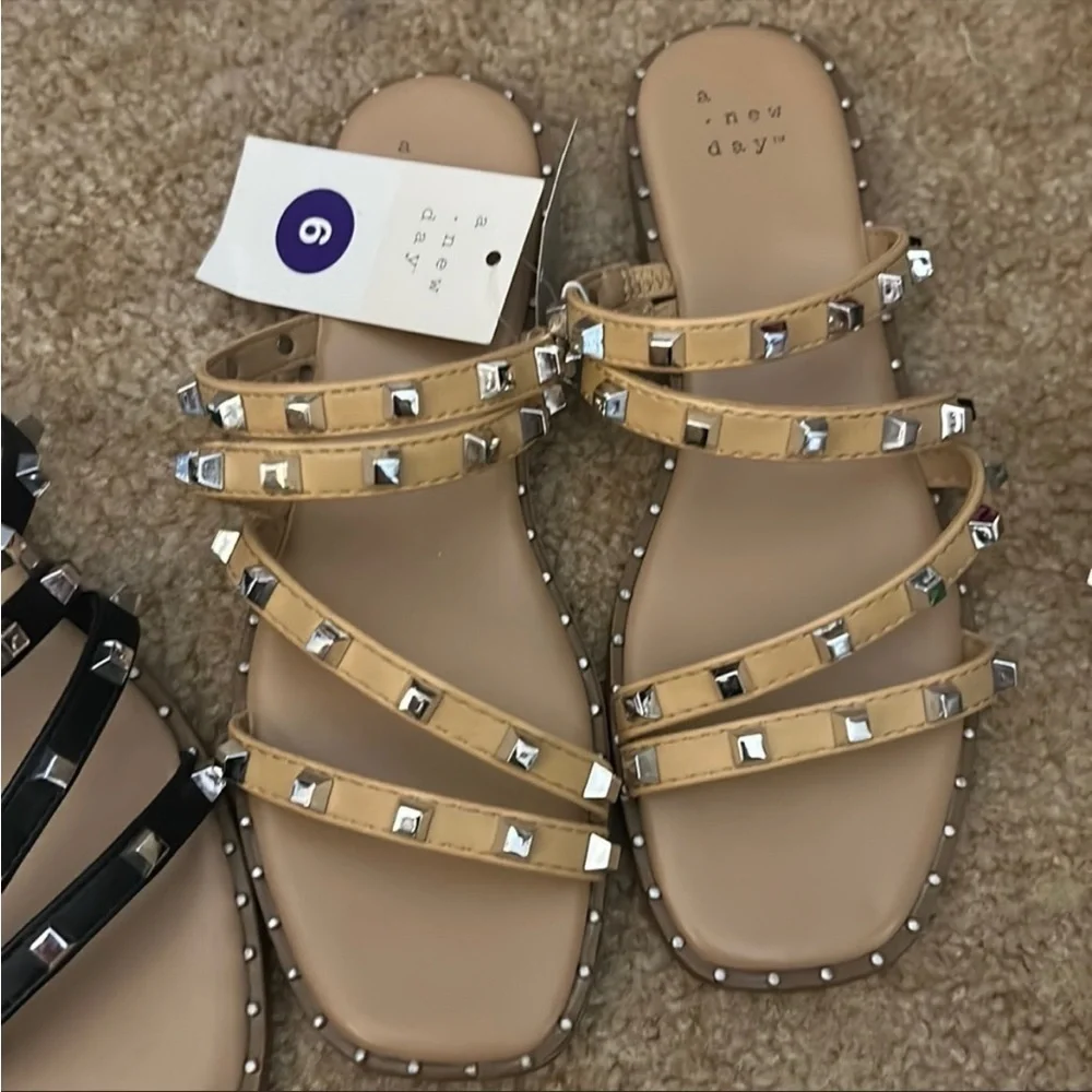 NEW! 2 Pairs of studded flat sandals- Tan and Black- NWT - Picture 3 of 3